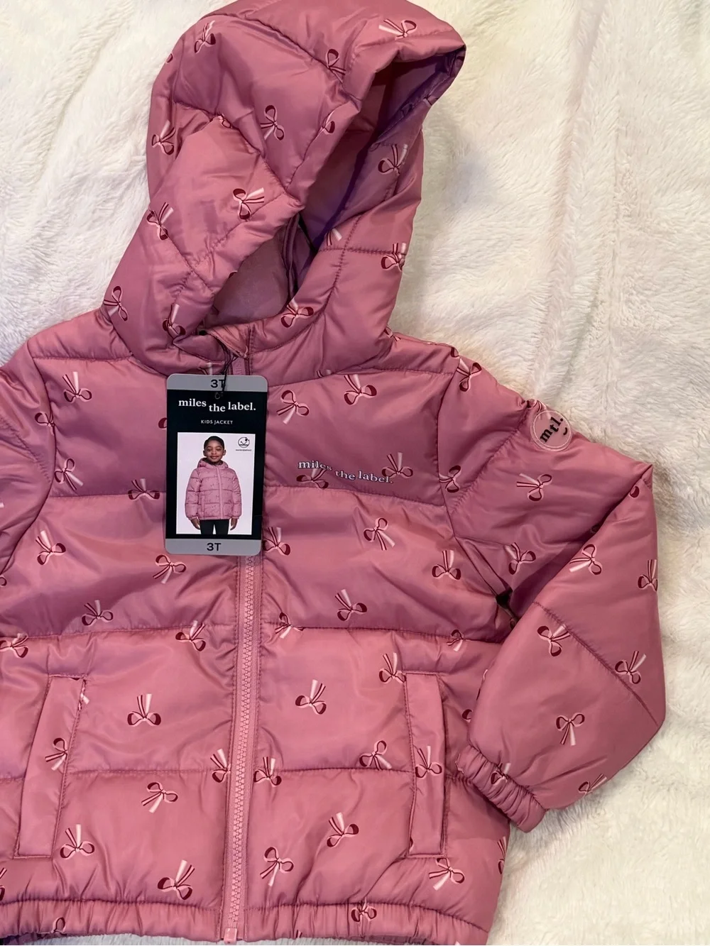 NWT Girls Pink Miles the Label Quilted Hooded Puffer Jacket with Bow Accents